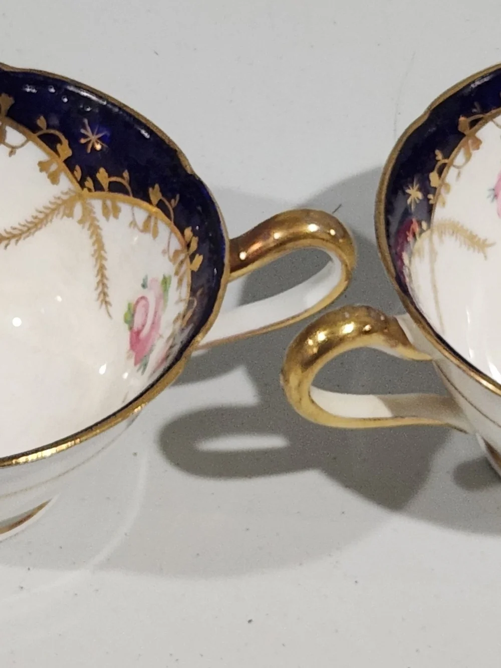 Antique Grosvenor China Bouillon Cups Pair Cobalt Blue Gold Rose 1920s Jackson G